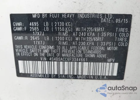 2015 Subaru Outback 2.5I Premium from USA, damaged, VIN 4S4BSACC6F3344661